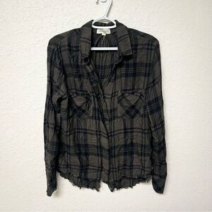 Cloth & Stone Plaid Button-Down Shirt Womens Size M Olive Green Black
